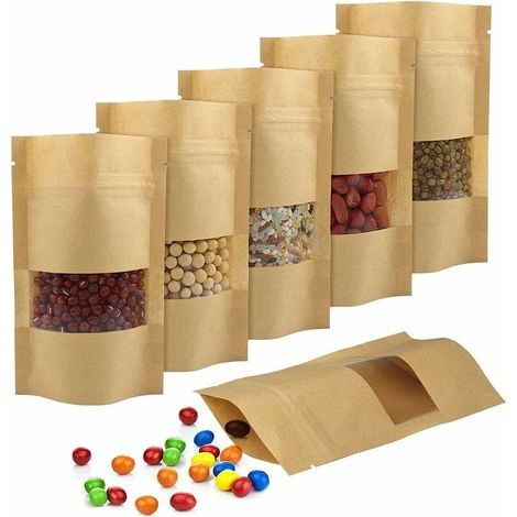 VURAHOME - Petite Pochette Kraft, 150Pcs Sacs Papier Kraft Conviennent pour Bonbon/Fleurs Séchées/Thé/Céréales, Pochette Kraft Alimentaire avec de Fermeture Éclair/Fenêtre et Sac Papier Kraft Alimenta (1/4)