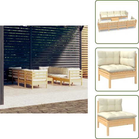 9-tlg. Garten-Lounge-Set mit Creme Kissen Massivholz Kiefer - Gartensessel - Lounge Set - Gartenmöbeln - Outdoor Möbel - Rattan Sessel (1/5)