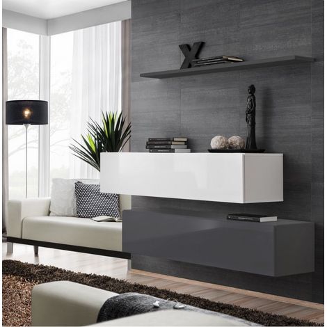 Commode - Switch SB II - 2 bancs TV - 1 étagère - Blanc et graphite - Modèle 1 - Livraison gratuite