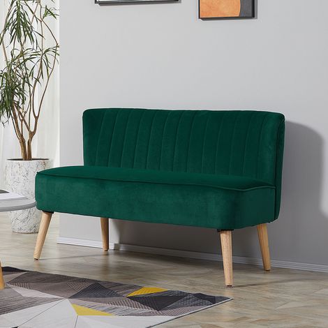 Sofá de dos plazas de diseño retro, patas de madera, 117 cm x 56,5 cm x 77 cm, verde oscuro.