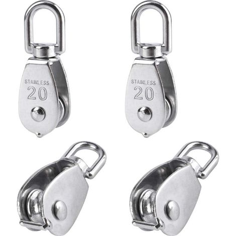 Poulie Simple - Acier Inoxydable 20 mm - Rotation 360° - Pour Systèmes de Levage, Rideaux, Cordes et Charges Légères - Lot de 4 (1/5)