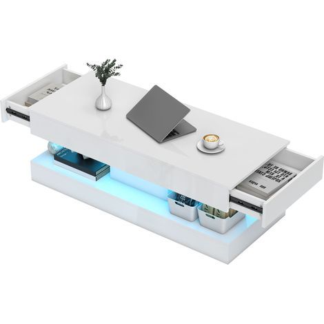 Table basse de salon avec tiroirs et éclairage LED, console moderne avec étagère ouverte, panneau de particules, blanc (1/5)