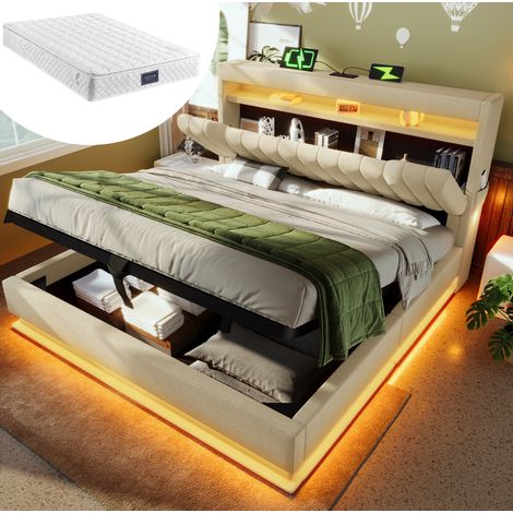 Lit coffre 160x200 LED USB-C avec matelas lin beige HAVRYA (1/5)
