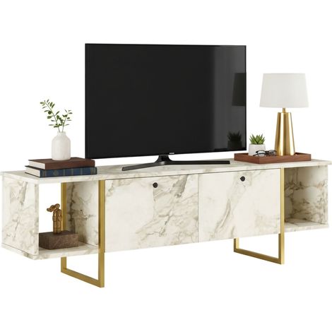 Dmora - Mobile porta TV Adalberta, Credenza da soggiorno, Armadio basso per TV, Base parete attrezzata, 160x40h48 cm, Bianco e Oro