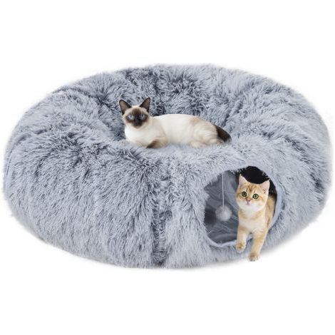 Tunnel pour Chat Intérieur avec Lit de Chat en Forme de Donut, Coussin Circulaire Lavable, 90x80x27cm, Gris Clair (1/5)