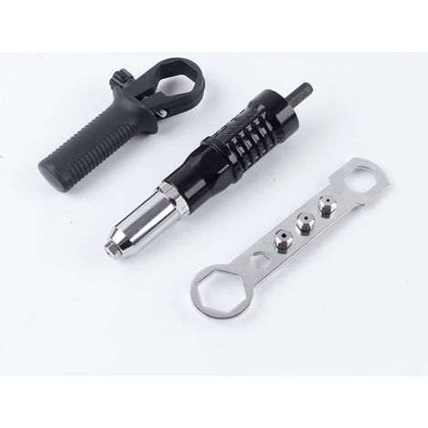 Pistolet à riveter électrique avec tête de conversion pour rivets aveugles, rivets à douille et écrous à sertir – en aluminium noir anodisé