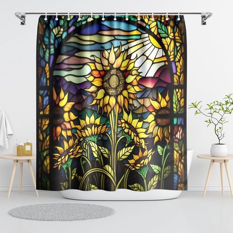 Rideau De Douche - Fleur De Tournesol - Polyester Imperméable - 182 X 182 Cm - 12 Anneaux En Cuivre - Pour Baignoire Et Cabine De Douche (1/4)