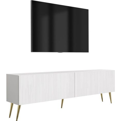 Mobile TV con gambe 170 cm, 2 ante, frontali scanalati, Bianco Opaco, gambe inclinate dorate, 170 x 32 x 52 cm (1/5)