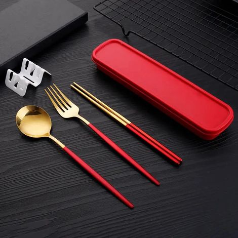 (Or et rouge) Couverts fins en acier inoxydable, comprenant baguettes, fourchettes et cuillères (1/5)