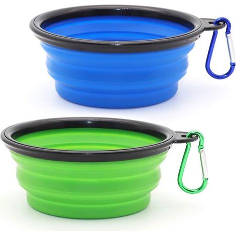 Confezione da 2 bottiglie da viaggio pieghevoli in PET, ciotole leggere per cibo/acqua per cani e gatti con moschettone per campeggio/escursionismo (blu + verde) (1/5)
