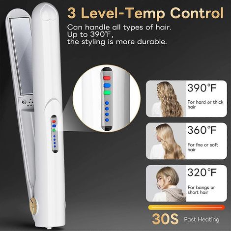 Lisseur sans fil 2 en 1, mini fer à lisser et à boucler, en céramique, portable, rechargeable par USB, styler de cheveux de voyage pour femmes et hommes avec pochette (blanc) (1/4)