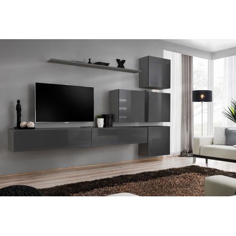 Ensemble mural - Switch IX - 4 vitrines carrées - 2 bancs TV - 1 étagère - Graphite - Livraison gratuite