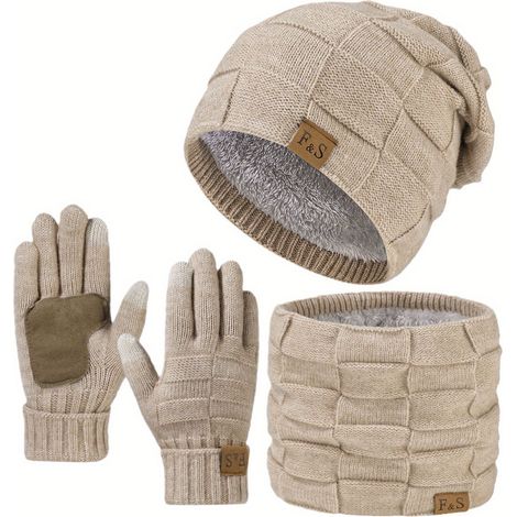 Ensemble trois pièces d'hiver : bonnet, écharpe et gants : bonnet cache-oreilles tricoté + écharpe chaude doublée en polaire + gants compatibles avec les écrans tactiles  ensemble unisexe épais et cha (1/3)