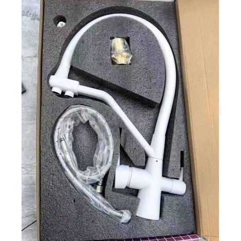 Cross-border copper core 3-in-1 kitchen faucet, hot and cold water, universal rotating design, for sinks, vegetable wash basins, direct drinking water purifiers -- Zinc-clad copper body, white, goddes