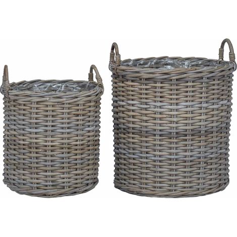 Planter Basket with Storage 2 pcs Grey Lacak Rattan vidaXL