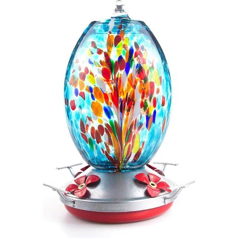Mangeoire extérieure pour colibris, en verre soufflé à la main, 765,4 g (27 oz), avec fourmilière et motif feux d'artifice bleus. (1/5)