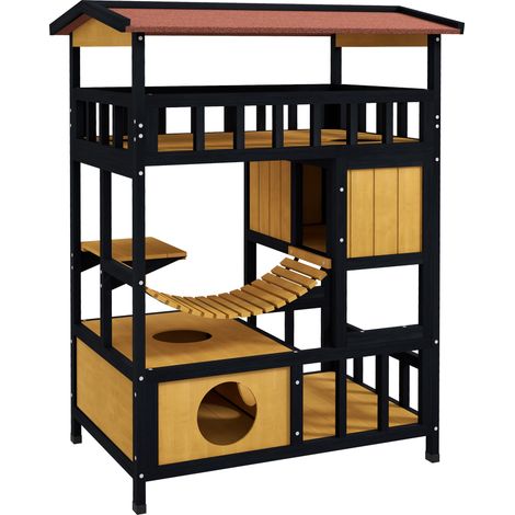 Niche en bois pour chat avec grotte, plateformes et pont suspendu, cabane intérieure et extérieure pour 2 chats maximum, couleur jaune (1/5)