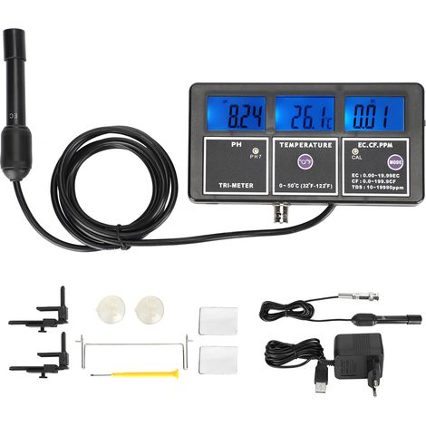 Medidor de Calidad del Agua Digital, pH EC TDS y Temperatura, Pantalla LCD Recargable IP55 – Ideal para Piscina y Acuario (1/5)