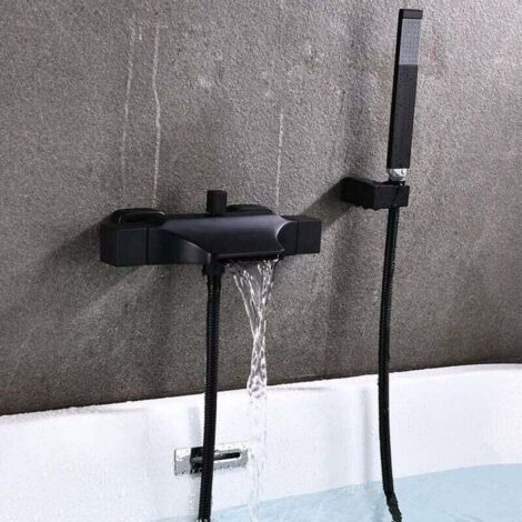 An der Wand montierter Wasserfall-Badewannen-Mischbatterie Badewannenarmatur An der Wand montierter Wasserfall-Duschkopf Heiß- und Kaltwasser-Badewannenarmatur (schwarze Handbrause)