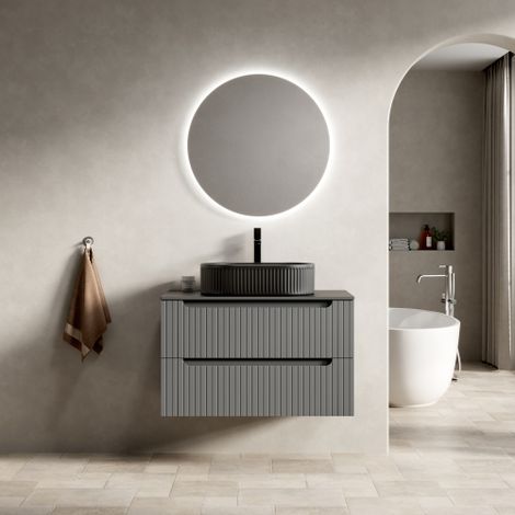 Meuble Vasque Suspendu 80cm avec Lavabo Ovale Noir et Plan Pierre Frittée - Gris Foncé