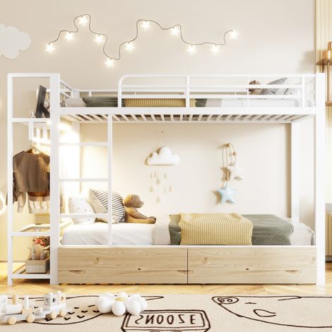 Lit superposé 90x200 avec led et rangements - métal et mdf - 2 tiroirs et étagères - tringle - charge 120kg - blanc (1/5)