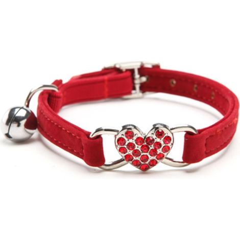 Collier de chat réglable avec cloche et pendentif cœur avec pierres de cristal, tissu de velours doux, 8-11" (rouge), (1/5)