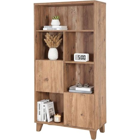 Libreria Yasmin, Biblioteca 5 Ripiani, 3 Ante, Installazione a Muro, 80x36x155h cm Marrone Quercia