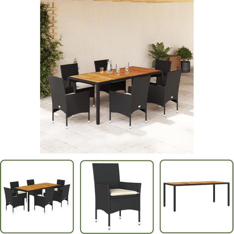 The Living Store Ensemble à manger de jardin et coussins 7pcs noir rotin acacia - Meubles De Jardin - Salon De Jardin - Set De Jardin - Mobilier Extérieur - Table De Jardin (1/5)
