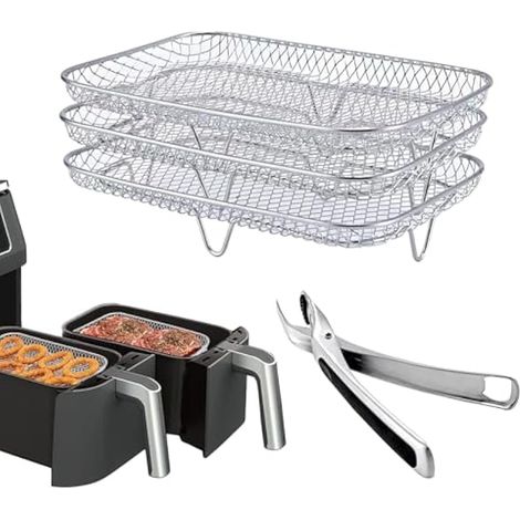 Air Fryer Racks for Ninja Dual, accessoires de friteuse à air chaud, 3 couches, paniers empilables, en acier inoxydable 304, grille de cuisson Airfryer, accessoires Airfryer (21 x 14,5 x 10 cm)