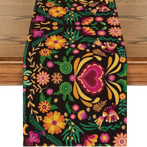 Chemin de table mexicain pour la Fête des Morts, motif floral et crâne, décoration d'Halloween pour salon ou meuble TV - 30 x 180 cm (polyester) - WSJZQ-22