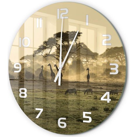 Horloge Murale Ronde Sans Cadre en Verre Trempé Silencieuse et Moderne Girafes dans la savane fi 60 cm (1/5)