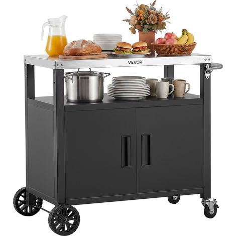 Desserte Plancha Extérieure 92,4 cm, Chariot de Barbecue avec Plateau en Inox et Placard, pour BBQ Jardin Terrasse, Plan de Travail Mobile pour Cuisine d'Été, Table de Barbecue avec Roulettes (1/5)