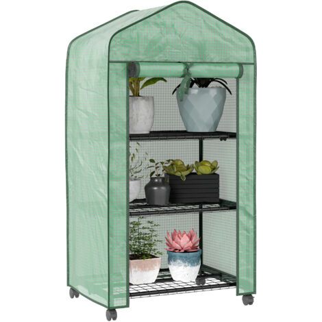 Pair Mini serre de jardin avec 3 étagères, bâche PE haute densité, porte enroulable, 4 roulettes, dim. 69L x 49l x 130H cm