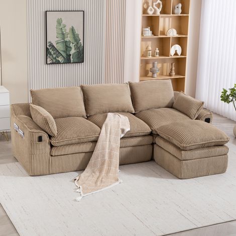 Canape modulable velours cotele khaki avec pouf OKMYHOME (1/5)
