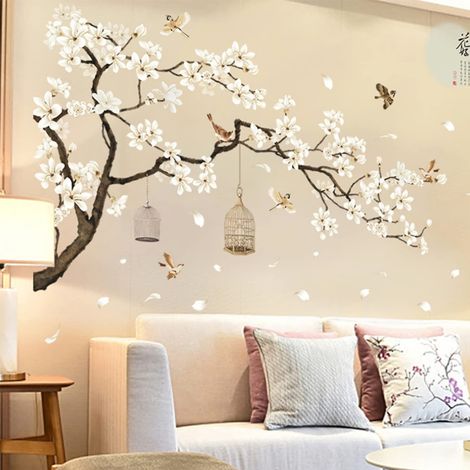 Grand autocollant mural floral blanc – 50" x 74" – Fresque murale romantique amovible à monter soi-même : Cerisier en fleurs