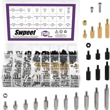 Entretoises en acier au carbone filetage métrique (N3) 24 tailles 3 matériaux fer nickelé laiton ou nylon entretoises hexagonales vis à entretoise écrou assortiment kit (1/5)