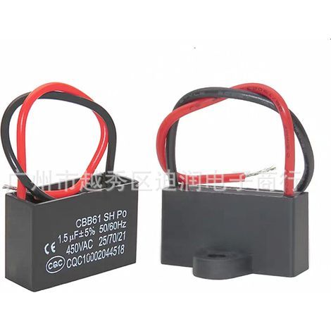 Packung mit 2 CBB61 1,5µF 450V Lüfteranlaufkondensatoren (mit Drähten) - Geeignet für Miniaturlüfter, kleine Haushaltsgeräte und Computerlüfter. (1/5)