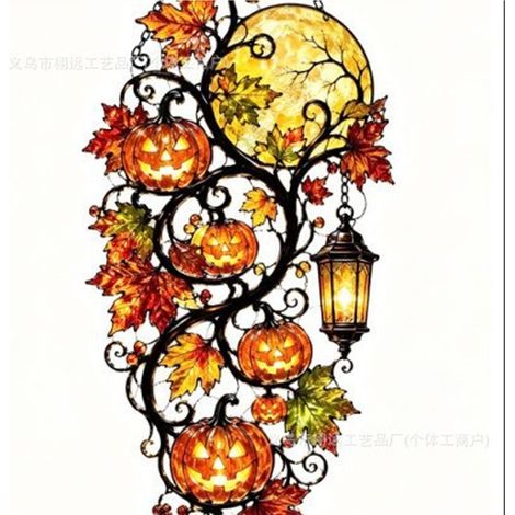 Flache, zweidimensionale Acryl-Hängedekoration in Form eines Kürbisses und eines Ahornblatts: Fensterdekoration für Halloween und Herbst. (1/5)