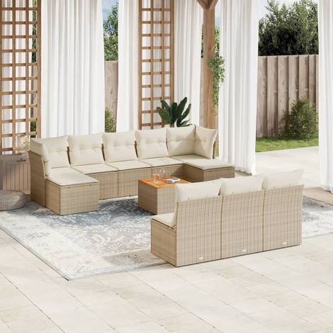 Ensemble Canapé Jardin 10 Places Résine Tressée Beige Table Acacia (1/3)