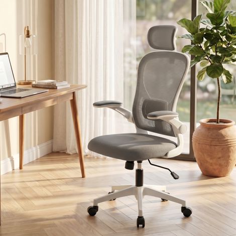 Chaise de travail ergonomique grise, accoudoirs escamotables, support lombaire ajustable, dossier inclinable, assise confortable, bureau, 1 pièce (1/4)