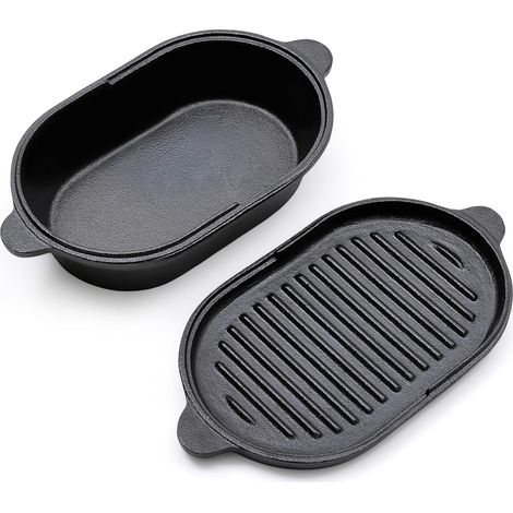 Cocotte en fonte 2 en 1 2 L - Cocotte ovale de 23 cm en fonte pour la cuisson du pain, compatible induction, avec couvercle - Ensemble cocotte et poêle en fonte pré-culottée - Rôtissoire (1/5)
