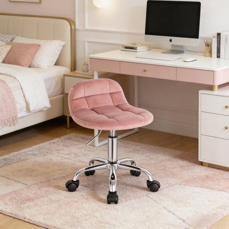 Chaise de bureau en velours rose 38 x 31 cm, hauteur d'assise 43,5-55 cm, pivotante 360°, dossier bas, vérin à gaz (1/5)