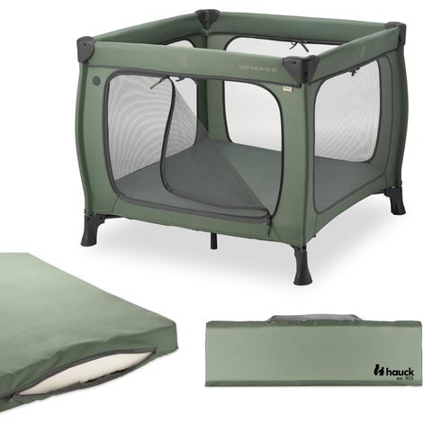 hauck Lettino Neonato da Viaggio Sleep N Play SQ Set - Culla Campeggio con Materasso Spessore 5 cm, Pieghevole con Borsa Incl. - Letto per Bambini Dalla Nascita FIno a 15 kg - Verde scuro (1/5)