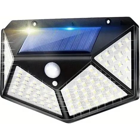 (Blanc) Lampe murale solaire 100 LED avec détecteur de mouvement PIR, étanche, pour cour, escaliers extérieurs, alimentée par la lumière du soleil (1/5)