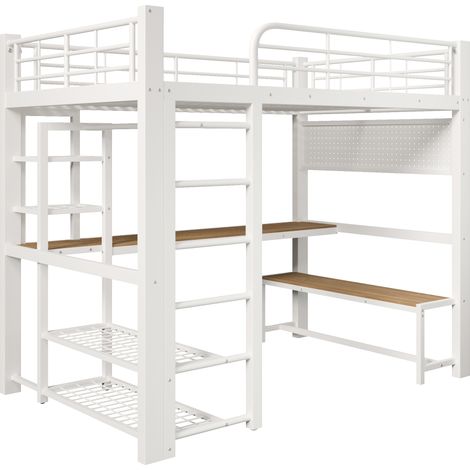 Metall-Hochbett 140x200 cm in Weiß mit LED, Schreibtisch und Stauraum MODENUIT (1/5)