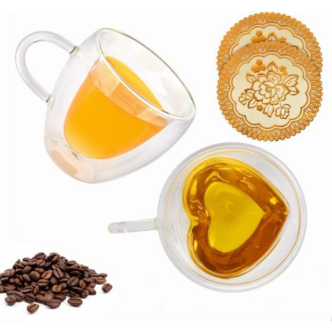 Verres Macchiato à double paroi, lot de 2, avec anse, forme cœur, 240ml, sous-verres inclus