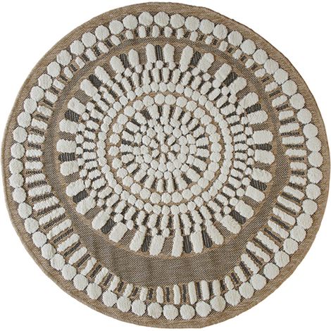 JUTE RELIEF INDIAN - Tapis rond effet jute motifs en relief blanc diamètre 70 (1/5)