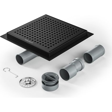 Gouttière de douche carrée 20 x 20 cm, siphon 360°, filtre anti-odeurs et filtre à cheveux, acier inoxydable, bonde de sol, bonde de douche, très plat, DN50 DN40, noir (1/5)