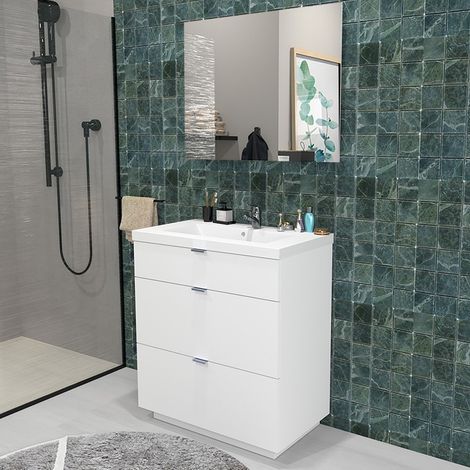 Le Quai Des Affaires – Meuble sous-vasque 3 tiroirs 80 cm – Vasque résine blanc brillant – Façades laquées blanches – Dimensions L81 x P47 x H88.5 cm