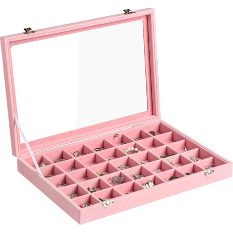 plateau à bijoux en velours avec couvercle transparent 35 x 35 cm organiseur de rangement pour boucles d'oreilles bagues et clous (1/5)